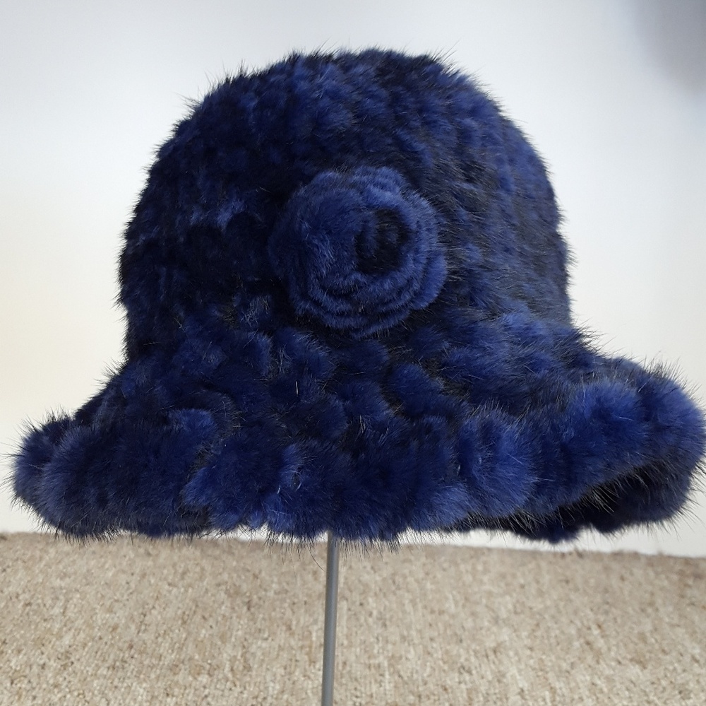 Knitted Mink Fur Hat with Rose